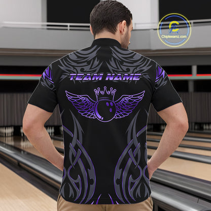 Personalized Black And Purple tribal pattern Bowling Shirts For Men, angel wings Bowling Team jerseys NQS10760