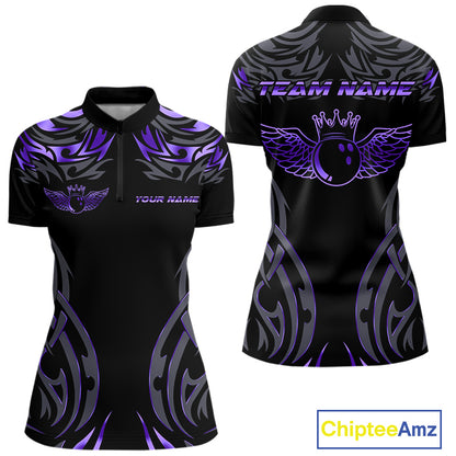 Personalized Black And Purple tribal pattern Bowling Shirt For Women, angel wings Bowling Team jersey NQS10760