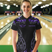 Load image into Gallery viewer, Personalized Black And Purple tribal pattern Bowling Shirt For Women, angel wings Bowling Team jersey NQS10760
