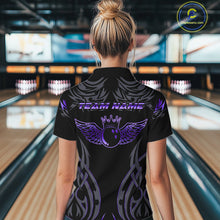 Load image into Gallery viewer, Personalized Black And Purple tribal pattern Bowling Shirt For Women, angel wings Bowling Team jersey NQS10760