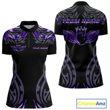 Load image into Gallery viewer, Personalized Black And Purple tribal pattern Bowling Shirt For Women, angel wings Bowling Team jersey NQS10760