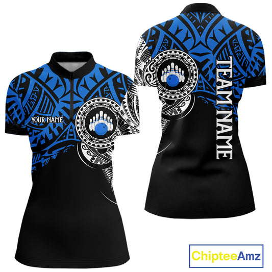 Personalized Black and Blue Tribal pattern Women Bowling Shirt Custom Team Bowling outfit for ladies NQS10762