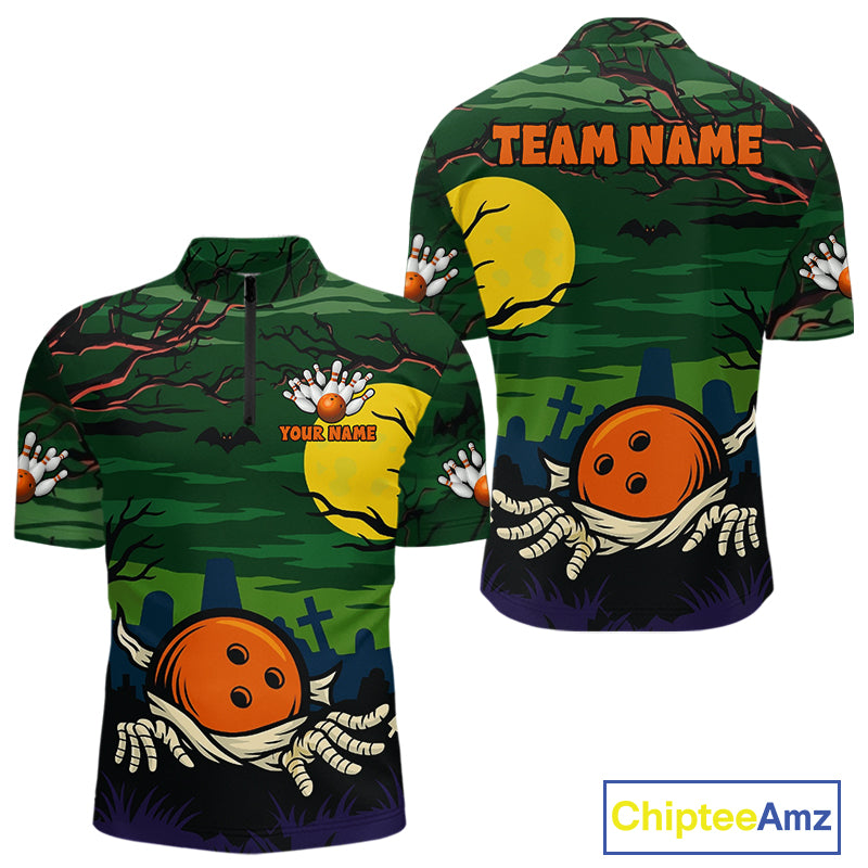 Funny Halloween Bowling Polo, Quarter Zip Shirts For Men Custom Halloween Team Bowling Jersey NQS10765
