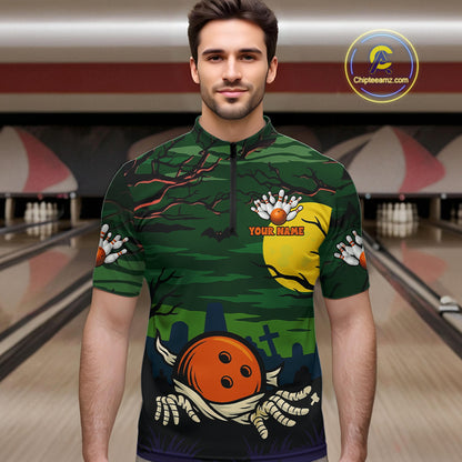 Funny Halloween Bowling Polo, Quarter Zip Shirts For Men Custom Halloween Team Bowling Jersey NQS10765