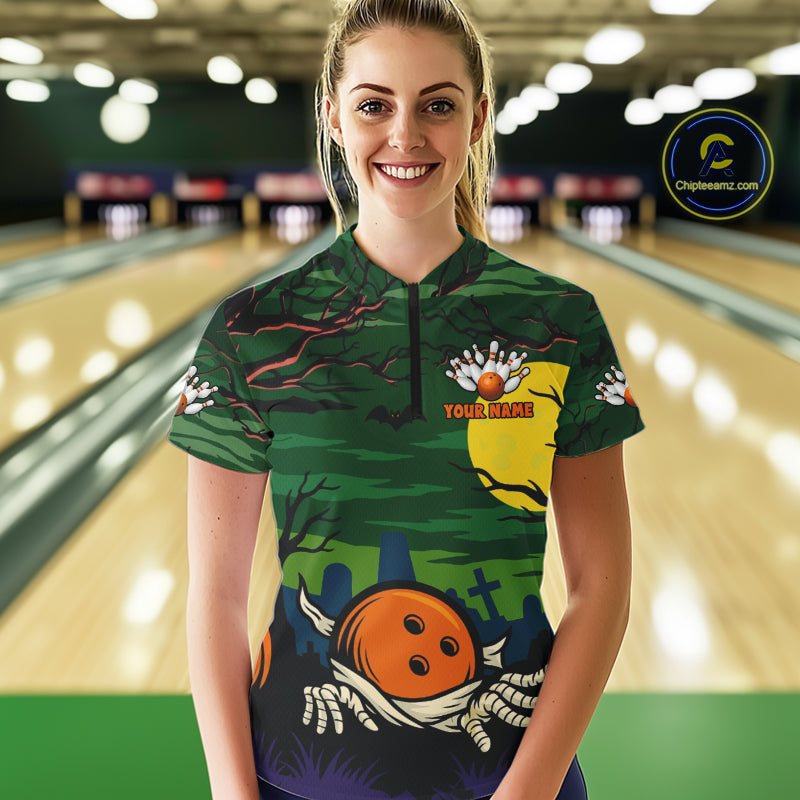Funny Halloween Bowling Polo, Quarter Zip Shirts For Women Custom Halloween Team Bowling Jersey NQS10765