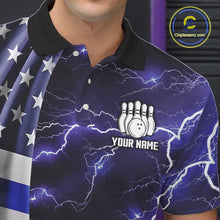 Load image into Gallery viewer, Blue Lightning Thunder American Flag Bowling Shirts For Men Custom patriotic team bowling jerseys NQS10960
