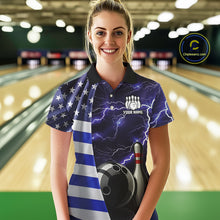 Load image into Gallery viewer, Blue Lightning Thunder American Flag Bowling Shirts For Women Custom patriotic team bowling jerseys NQS10960