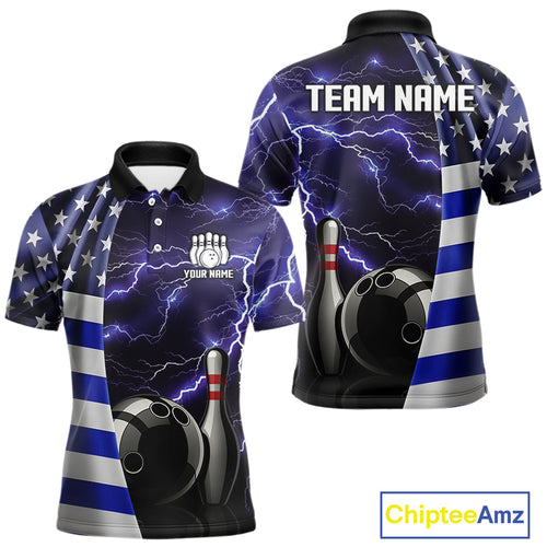 Blue Lightning Thunder American Flag Bowling Shirts For Men Custom patriotic team bowling jerseys NQS10960
