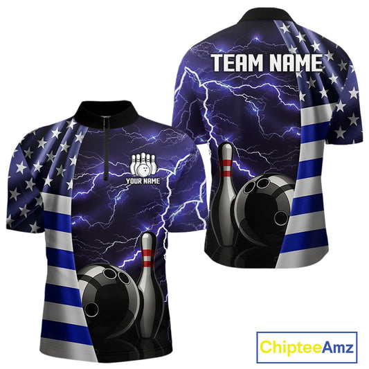 Blue Lightning Thunder American Flag Bowling Shirts For Men Custom patriotic team bowling jerseys NQS10960