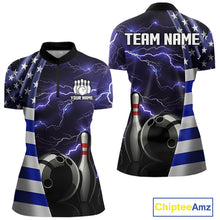 Load image into Gallery viewer, Blue Lightning Thunder American Flag Bowling Shirts For Women Custom patriotic team bowling jerseys NQS10960