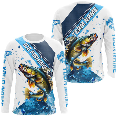 Personalized Blue Ice Walleye Ice Fishing Shirts Custom Walleye Long Sleeve Fishing Jersey for Team NQS9289