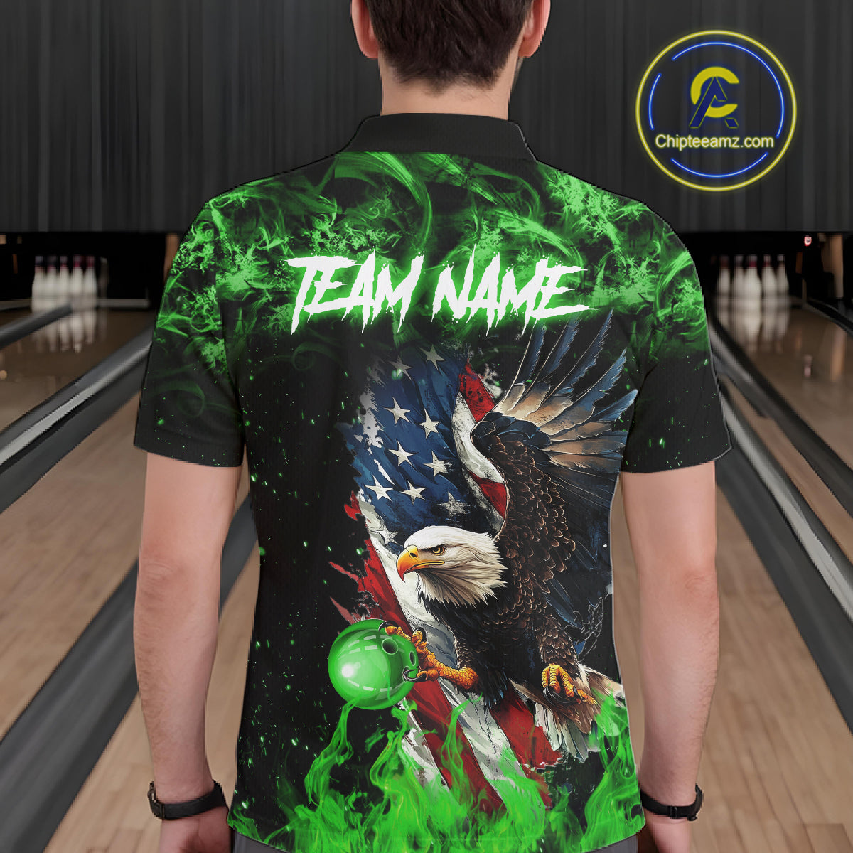 Green Flame American Flag Eagle bowling shirts for Men Custom Bowling Team Jersey, gift for Bowler NQS11555