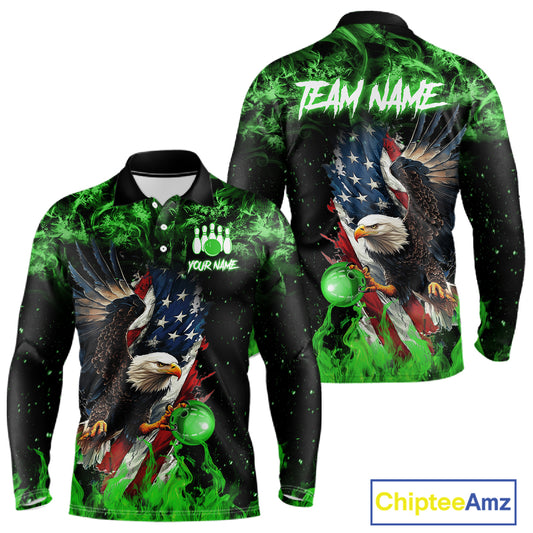 Green Flame American Flag Eagle bowling shirts for Men Custom Bowling Team Jersey, gift for Bowler NQS11555