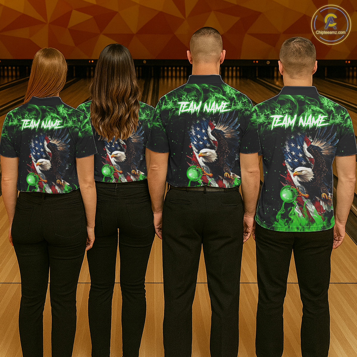 Green Flame American Flag Eagle bowling shirts for Men Custom Bowling Team Jersey, gift for Bowler NQS11555