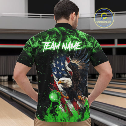 Green Flame American Flag Eagle bowling shirts for Men Custom Bowling Team Jersey, gift for Bowler NQS11555