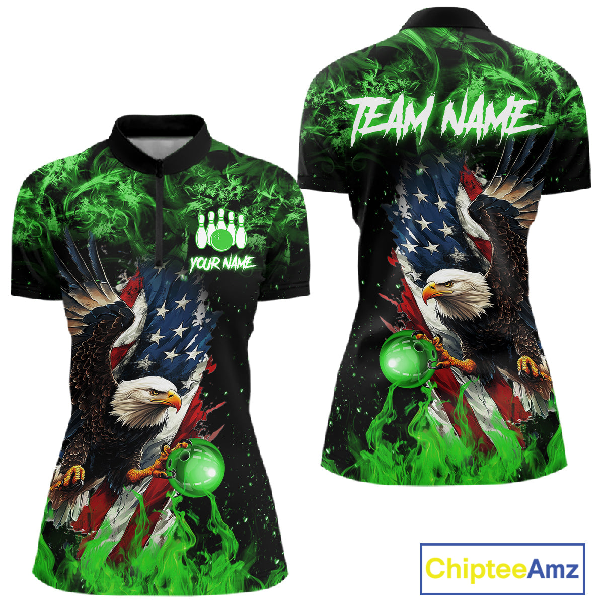 Green Flame American Flag Eagle bowling shirts for Women Custom Bowling Team Jersey, gift for Bowler NQS11555