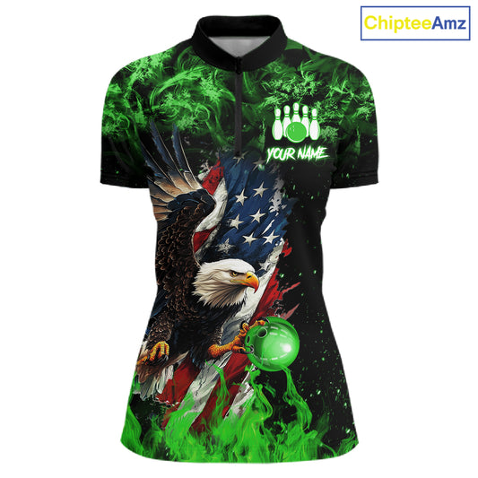 Green Flame American Flag Eagle bowling shirts for Women Custom Bowling Team Jersey, gift for Bowler NQS11555