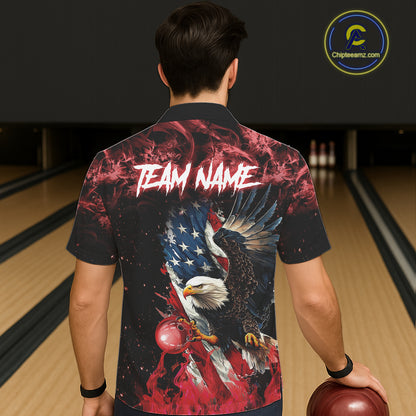 Red Flame American Flag Eagle Bowling Hawaiian shirt Custom Bowling Team button-up shirts NQS11556
