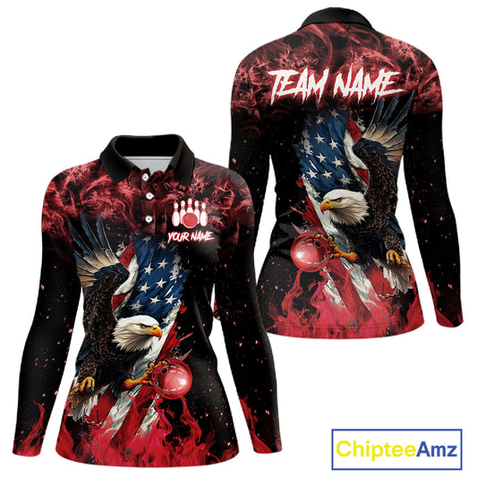 Red Flame American Flag Eagle bowling shirts for Women Custom Bowling Team Jersey, gift for Bowler NQS11556