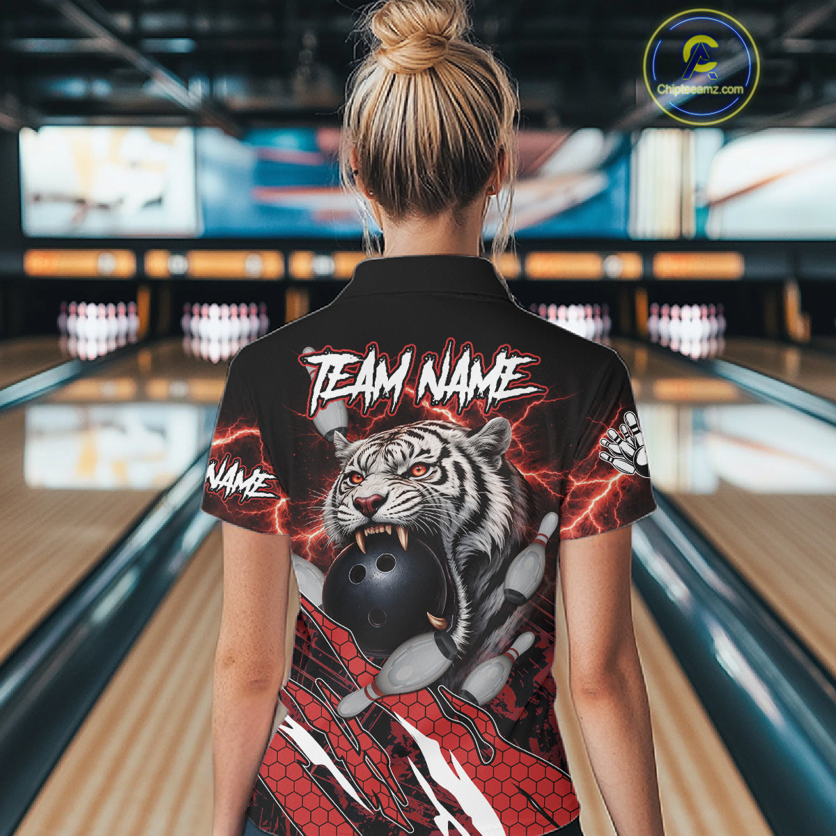 Black and Red Lightning Thunder Tiger Bowling Polo, 1/4 Zip Jersey for Women, Bowling Team shirts NQS11571