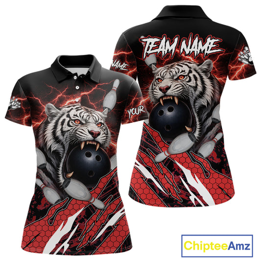 Black and Red Lightning Thunder Tiger Bowling Polo, 1/4 Zip Jersey for Women, Bowling Team shirts NQS11571