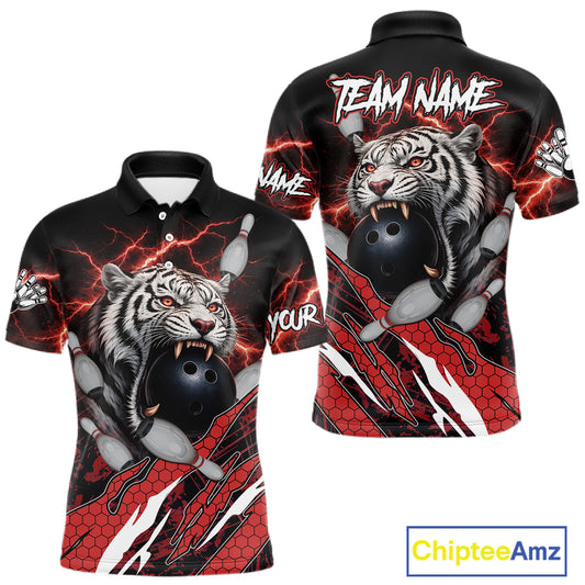 Black and Red Lightning Thunder Tiger Bowling Polo, 1/4 Zip Jersey for Men, Tiger Bowling Team shirts NQS11571