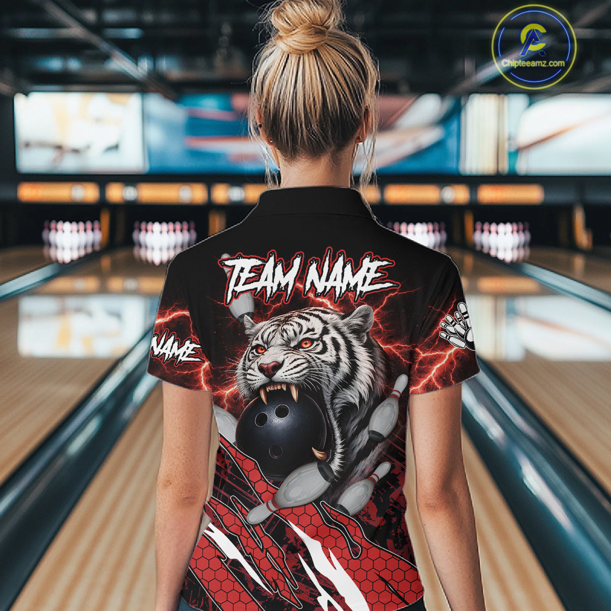 Black and Red Lightning Thunder Tiger Bowling Polo, 1/4 Zip Jersey for Women, Bowling Team shirts NQS11571