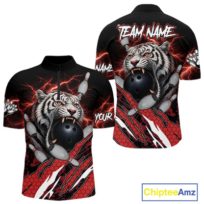 Black and Red Lightning Thunder Tiger Bowling Polo, 1/4 Zip Jersey for Men, Tiger Bowling Team shirts NQS11571