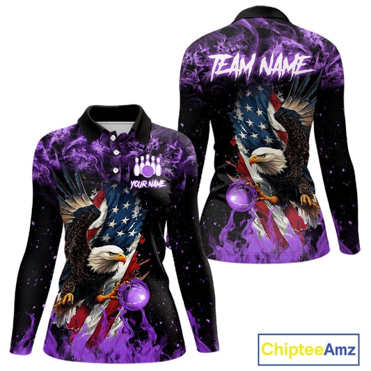Purple Flame American Flag Eagle bowling shirts for Women Custom Bowling Team Jersey, gift for Bowler NQS11557