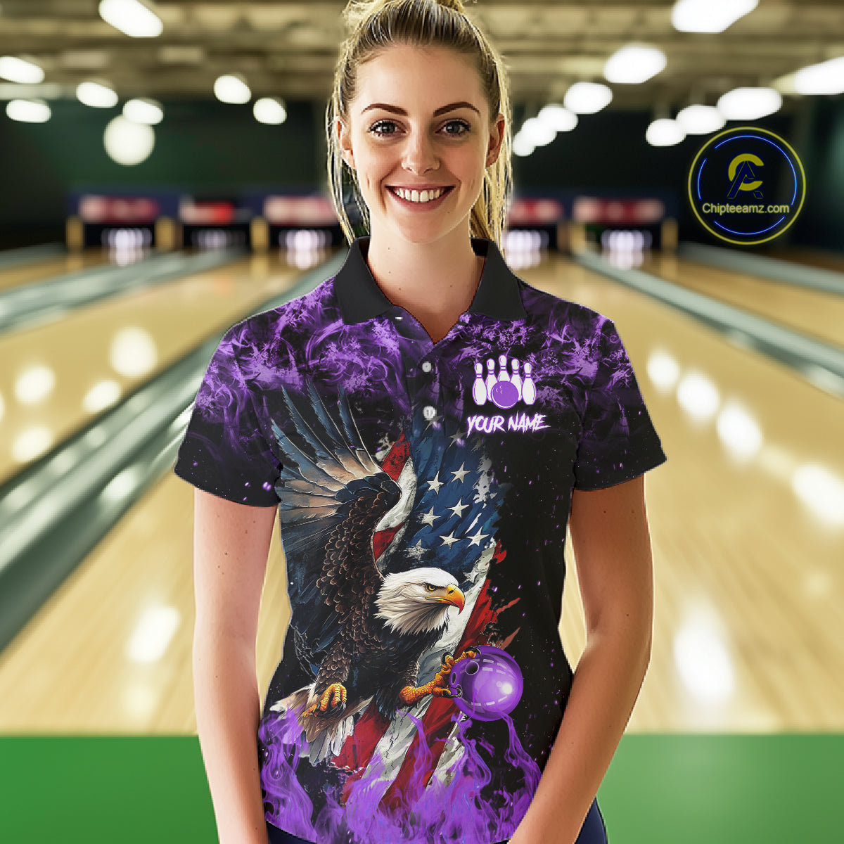 Purple Flame American Flag Eagle bowling shirts for Women Custom Bowling Team Jersey, gift for Bowler NQS11557