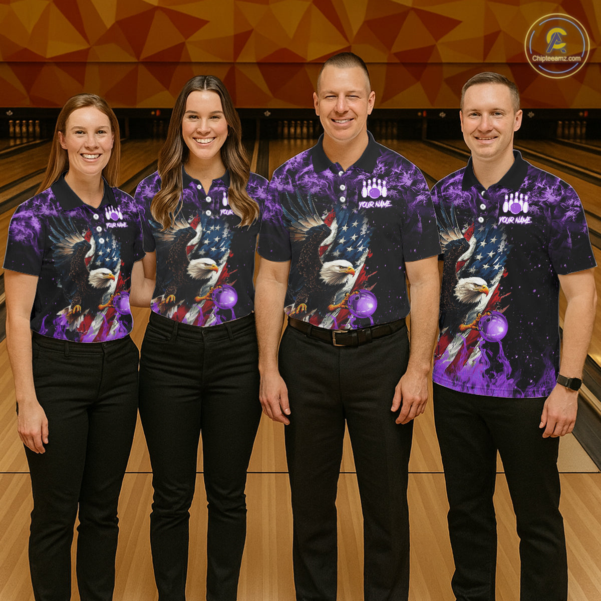 Purple Flame American Flag Eagle bowling shirts for Men Custom Bowling Team Jersey, gift for Bowler NQS11557