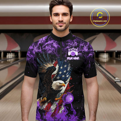 Purple Flame American Flag Eagle bowling shirts for Men Custom Bowling Team Jersey, gift for Bowler NQS11557