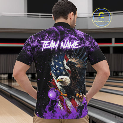 Purple Flame American Flag Eagle bowling shirts for Men Custom Bowling Team Jersey, gift for Bowler NQS11557