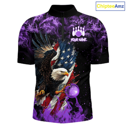 Purple Flame American Flag Eagle bowling shirts for Men Custom Bowling Team Jersey, gift for Bowler NQS11557