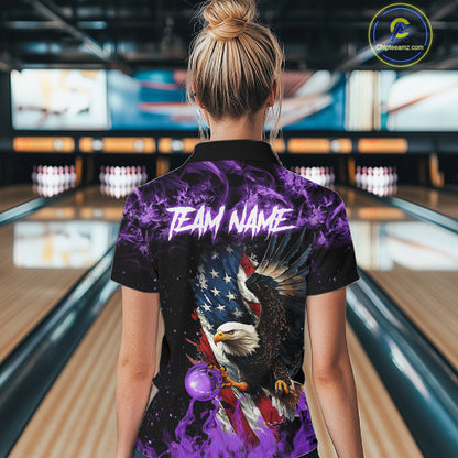 Purple Flame American Flag Eagle bowling shirts for Women Custom Bowling Team Jersey, gift for Bowler NQS11557