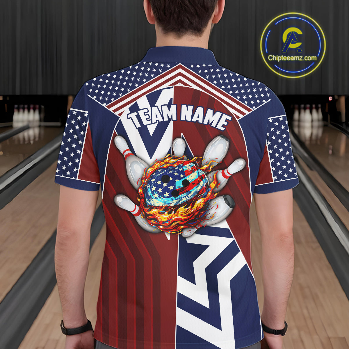 Red, White and Blue American Flag Flame Bowling shirts for Men Custom patriotic Team Bowling Jerseys NQS11558