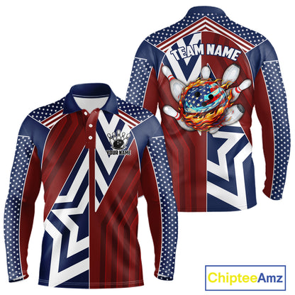 Red, White and Blue American Flag Flame Bowling shirts for Men Custom patriotic Team Bowling Jerseys NQS11558