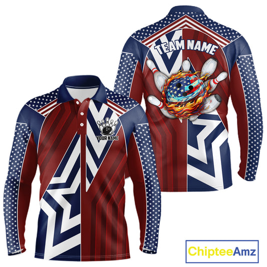 Red, White and Blue American Flag Flame Bowling shirts for Men Custom patriotic Team Bowling Jerseys NQS11558