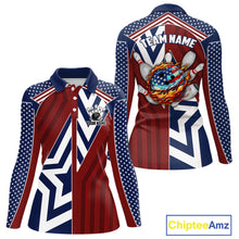 Load image into Gallery viewer, Red, White and Blue American Flag Flame Bowling shirts for Women Custom patriotic Team Bowling Jersey NQS11558