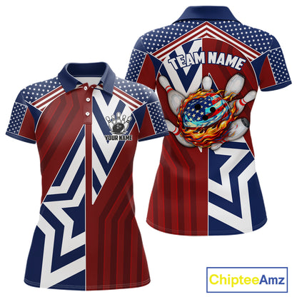 Red, White and Blue American Flag Flame Bowling shirts for Women Custom patriotic Team Bowling Jersey NQS11558
