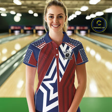 Load image into Gallery viewer, Red, White and Blue American Flag Flame Bowling shirts for Women Custom patriotic Team Bowling Jersey NQS11558