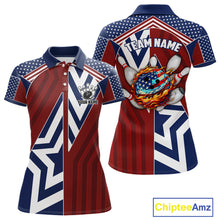 Load image into Gallery viewer, Red, White and Blue American Flag Flame Bowling shirts for Women Custom patriotic Team Bowling Jersey NQS11558