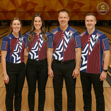 Load image into Gallery viewer, Red, White and Blue American Flag Flame Bowling shirts for Women Custom patriotic Team Bowling Jersey NQS11558
