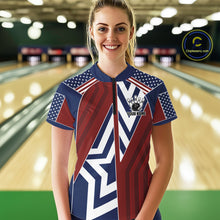 Load image into Gallery viewer, Red, White and Blue American Flag Flame Bowling shirts for Women Custom patriotic Team Bowling Jersey NQS11558