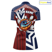 Load image into Gallery viewer, Red, White and Blue American Flag Flame Bowling shirts for Women Custom patriotic Team Bowling Jersey NQS11558