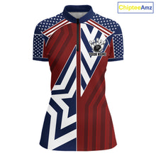 Load image into Gallery viewer, Red, White and Blue American Flag Flame Bowling shirts for Women Custom patriotic Team Bowling Jersey NQS11558