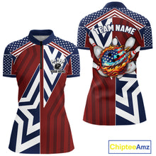 Load image into Gallery viewer, Red, White and Blue American Flag Flame Bowling shirts for Women Custom patriotic Team Bowling Jersey NQS11558