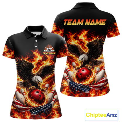 Custom Flame American Flag Eagle Bowling Shirts, Patriotic Eagle Bowling Team Jerseys For Women NQS11560