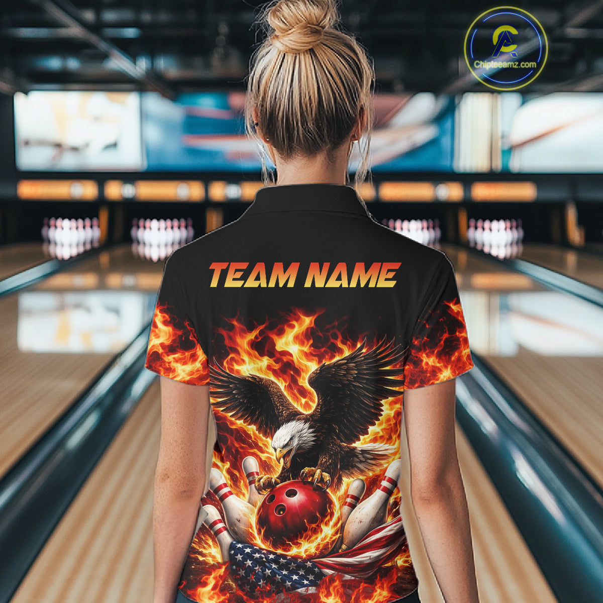 Custom Flame American Flag Eagle Bowling Shirts, Patriotic Eagle Bowling Team Jerseys For Women NQS11560