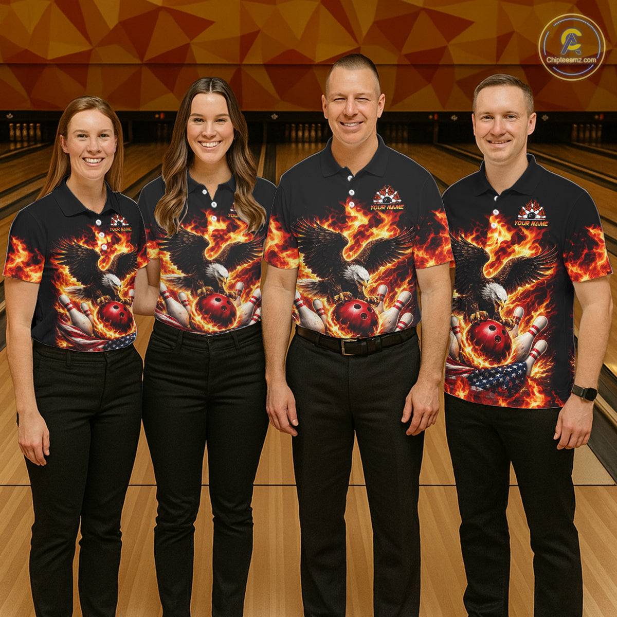 Custom Flame American Flag Eagle Bowling Shirts, Patriotic Eagle Bowling Team Jerseys For Women NQS11560